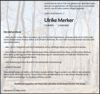 Traueranzeige von Ulrike Merker von vrm-trauer Allgemeine Zeitung Alzey