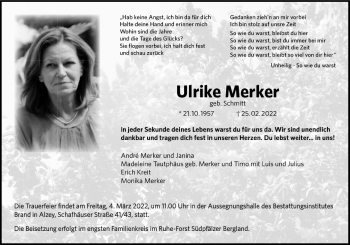 Traueranzeige von Ulrike Merker von vrm-trauer Allgemeine Zeitung Alzey