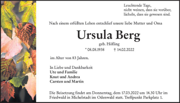 Traueranzeige von Ursula Berg von vrm-trauer Bürstädter/Lamperth. Ztg/Starkenburger