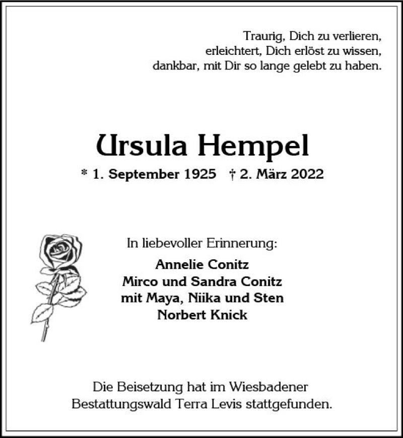  Traueranzeige für Ursula Hempel vom 26.03.2022 aus vrm-trauer Wiesbadener Kurier