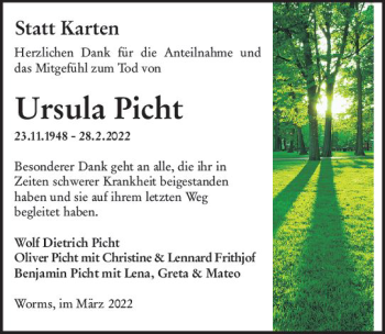 Traueranzeige von Ursula Picht von vrm-trauer Wormser Zeitung