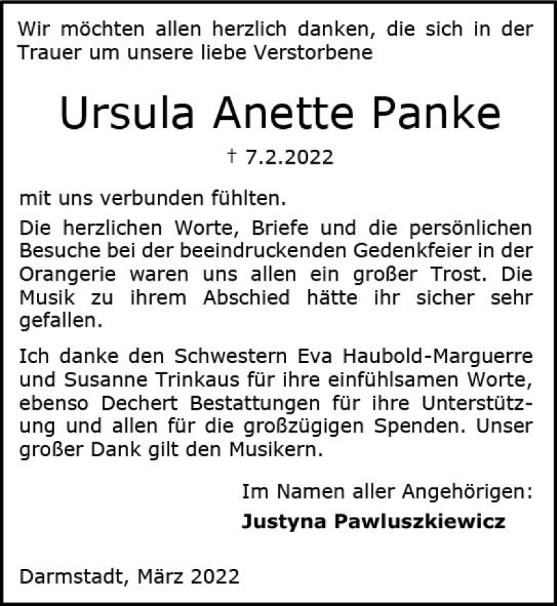  Traueranzeige für Ursula Anette Panke vom 26.03.2022 aus vrm-trauer Darmstädter Echo