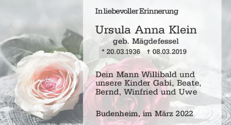  Traueranzeige für Ursula Anna Klein vom 09.03.2022 aus vrm-trauer AZ Mainz