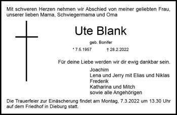 Traueranzeige von Ute Blank von vrm-trauer DieburgerAnzeiger/Groß-Zimmerner Lokala