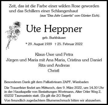Traueranzeige von Ute Heppner von vrm-trauer WK-UTA