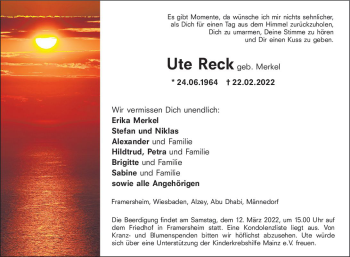 Traueranzeige von Ute Reck von vrm-trauer Allgemeine Zeitung Alzey