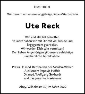 Traueranzeige von Ute Reck von vrm-trauer Allgemeine Zeitung Alzey