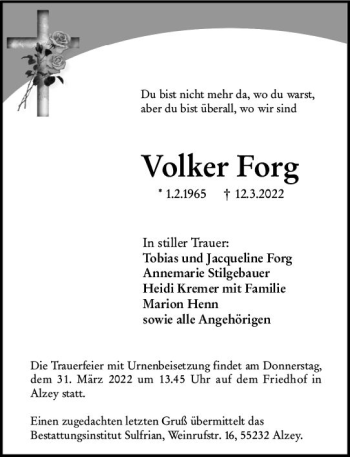 Traueranzeige von Volker Forg von vrm-trauer Allgemeine Zeitung Alzey