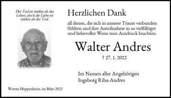 Traueranzeige von Walter Andres von vrm-trauer Wormser Zeitung