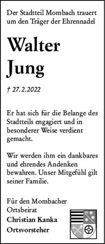 Traueranzeige von Walter Jung von vrm-trauer AZ Mainz