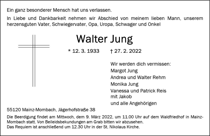  Traueranzeige für Walter Jung vom 05.03.2022 aus vrm-trauer AZ Mainz