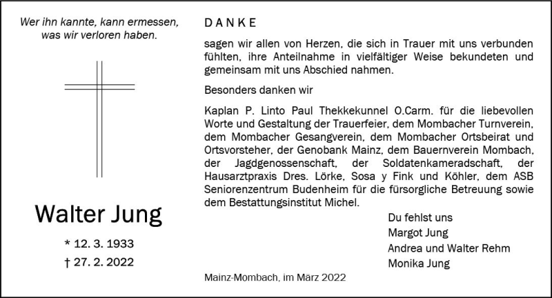  Traueranzeige für Walter Jung vom 26.03.2022 aus vrm-trauer AZ Mainz