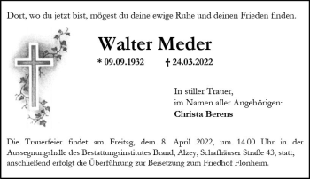 Traueranzeige von Walter Meder von vrm-trauer Allgemeine Zeitung Alzey