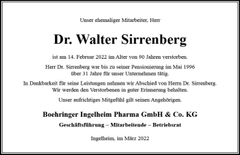 Traueranzeige von Walter Sirrenberg von vrm-trauer Allgemeine  Zeitung Ingelheim-Bingen