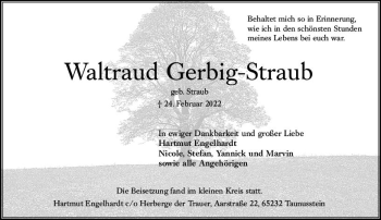 Traueranzeige von Waltraud Gerbig-Straub von vrm-trauer Wiesbadener Kurier
