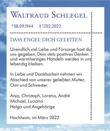 Traueranzeige von Waltraud Schlegel von vrm-trauer Hochheimer Zeitung