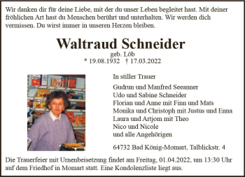 Traueranzeige von Waltraud Schneider von vrm-trauer Odenwälder Echo