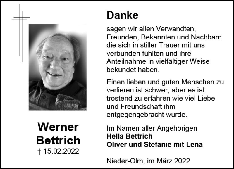  Traueranzeige für Werner Bettrich vom 26.03.2022 aus vrm-trauer AZ Mainz