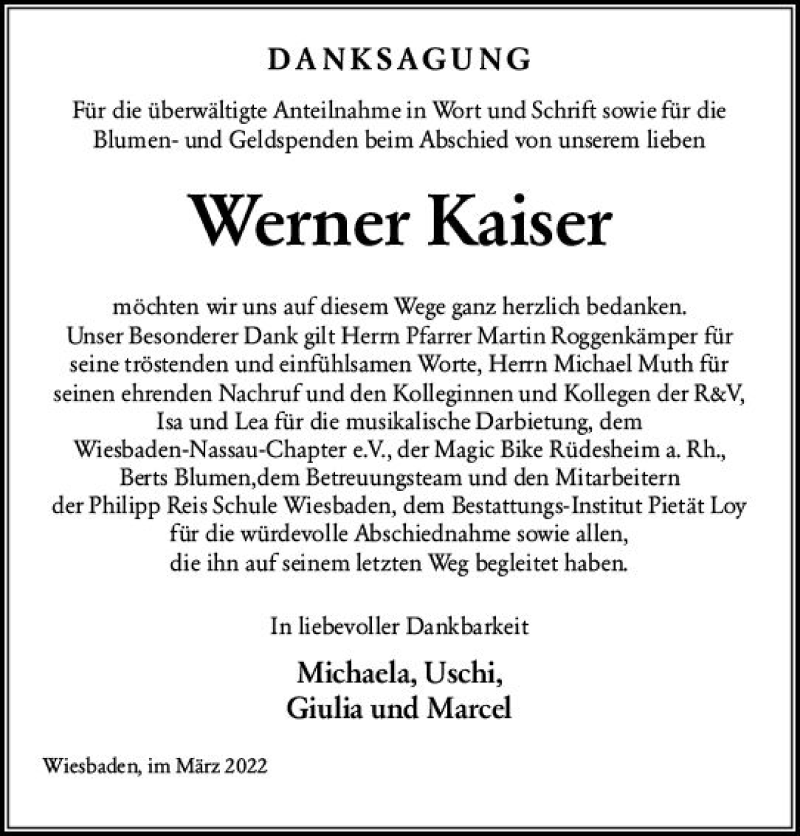  Traueranzeige für Werner Kaiser vom 12.03.2022 aus vrm-trauer Wiesbadener Kurier