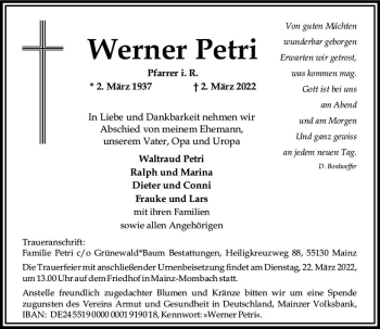 Traueranzeige von Werner Petri von vrm-trauer Wiesbadener Kurier