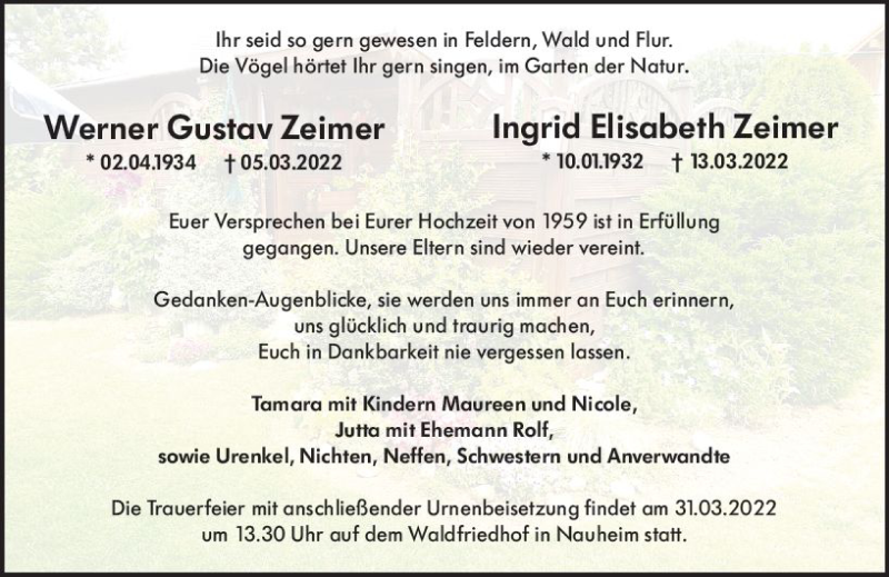  Traueranzeige für Werner Gustav  Zeimer vom 26.03.2022 aus vrm-trauer Groß-Gerauer Echo
