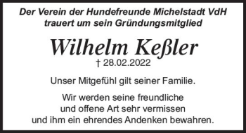 Traueranzeige von Wilhelm Keßler von vrm-trauer Odenwälder Echo