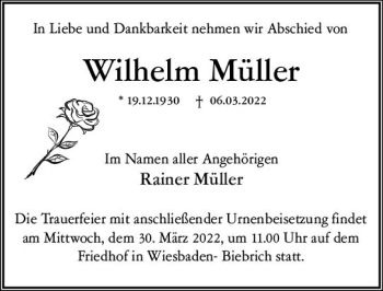 Traueranzeige von Wilhelm Müller von vrm-trauer Wiesbadener Kurier