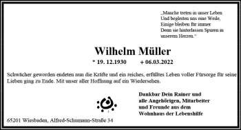 Traueranzeige von Wilhelm Müller von vrm-trauer Wiesbadener Kurier