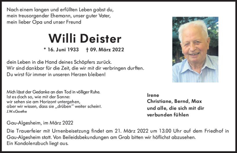  Traueranzeige für Willi Deister vom 19.03.2022 aus vrm-trauer Allgemeine  Zeitung Ingelheim-Bingen