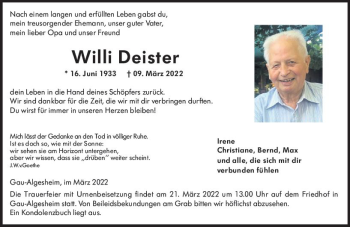 Traueranzeige von Willi Deister von vrm-trauer Allgemeine  Zeitung Ingelheim-Bingen