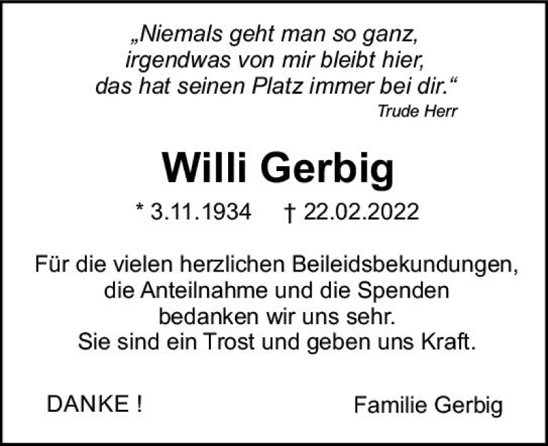  Traueranzeige für Willi Gerbig vom 23.03.2022 aus vrm-trauer Darmstädter Echo
