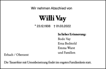 Traueranzeige von Willi Vay von vrm-trauer Odenwälder Echo