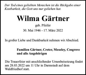Traueranzeige von Wilma Gärtner von vrm-trauer Darmstädter Echo