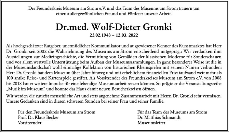  Traueranzeige für Wolf-Dieter Gronki vom 26.03.2022 aus vrm-trauer Allgemeine  Zeitung Ingelheim-Bingen