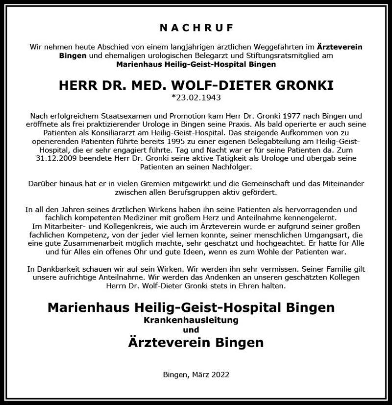  Traueranzeige für Wolf-Dieter Gronki vom 26.03.2022 aus vrm-trauer Allgemeine  Zeitung Ingelheim-Bingen