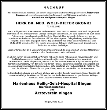 Traueranzeige von Wolf-Dieter Gronki von vrm-trauer Allgemeine  Zeitung Ingelheim-Bingen