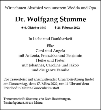 Traueranzeige von Wolfgang Stumme von vrm-trauer AZ Mainz
