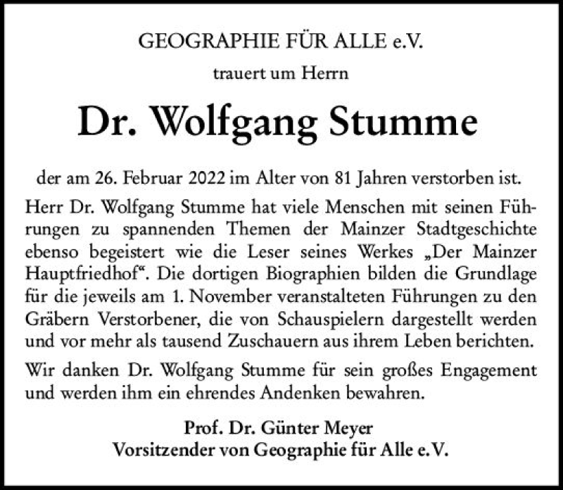  Traueranzeige für Wolfgang Stumme vom 05.03.2022 aus vrm-trauer AZ Mainz