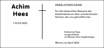 Traueranzeige von Achim Hees von vrm-trauer Wormser Zeitung