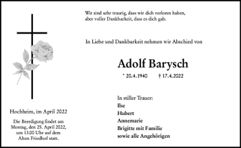 Traueranzeige von Adolf Barysch von vrm-trauer Hochheimer Zeitung