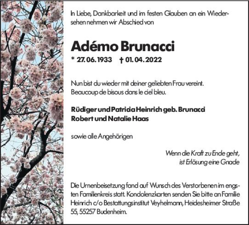  Traueranzeige für Adémo Brunacci vom 23.04.2022 aus vrm-trauer AZ Mainz