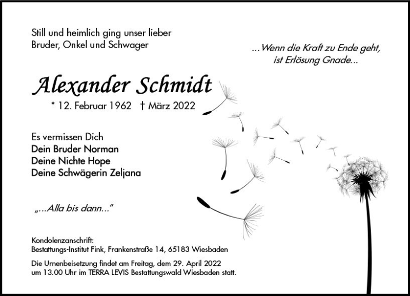  Traueranzeige für Alexander Schmidt vom 02.04.2022 aus vrm-trauer Wiesbadener Kurier