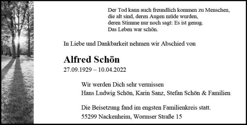  Traueranzeige für Alfred Schön vom 23.04.2022 aus vrm-trauer AZ Mainz