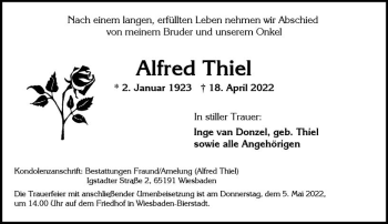 Traueranzeige von Alfred Thiel von vrm-trauer Wiesbadener Kurier