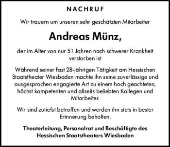 Traueranzeige von Andreas Münz von vrm-trauer Wiesbadener Kurier