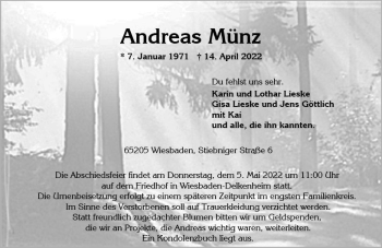 Traueranzeige von Andreas Münz von vrm-trauer Wiesbadener Kurier