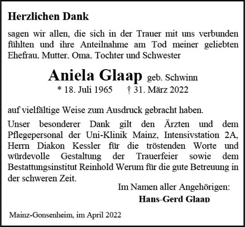  Traueranzeige für Aniela Glaap vom 23.04.2022 aus vrm-trauer AZ Mainz