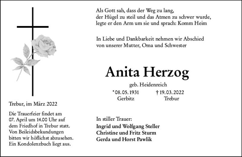  Traueranzeige für Anita Herzog vom 02.04.2022 aus vrm-trauer Rüsselsheimer Echo / MainSpitze