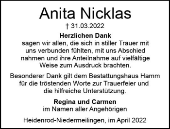 Traueranzeige von Anita Nicklas von vrm-trauer WK-UTA