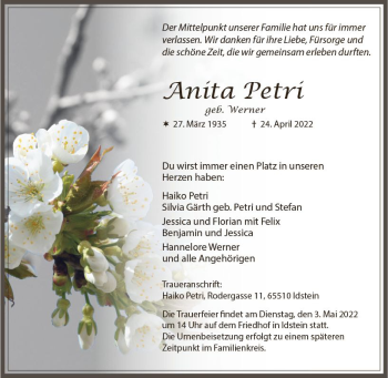 Traueranzeige von Anita Petri von vrm-trauer Idsteiner Zeitung